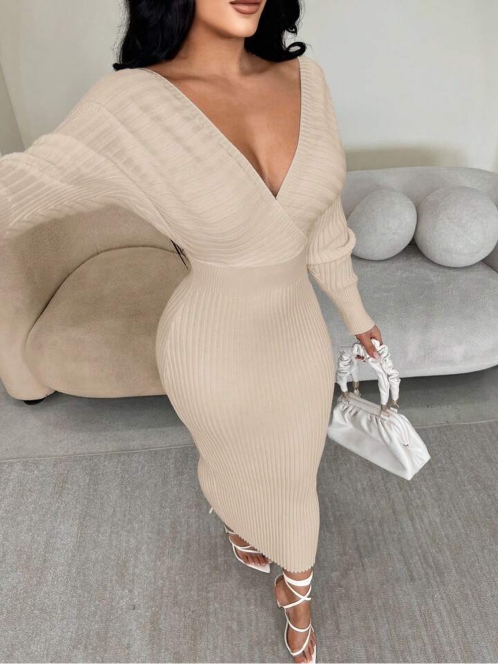 Women Elegant V-Neck Off Shoulder Long Sleeve Ribbed Knit Sweater Dres